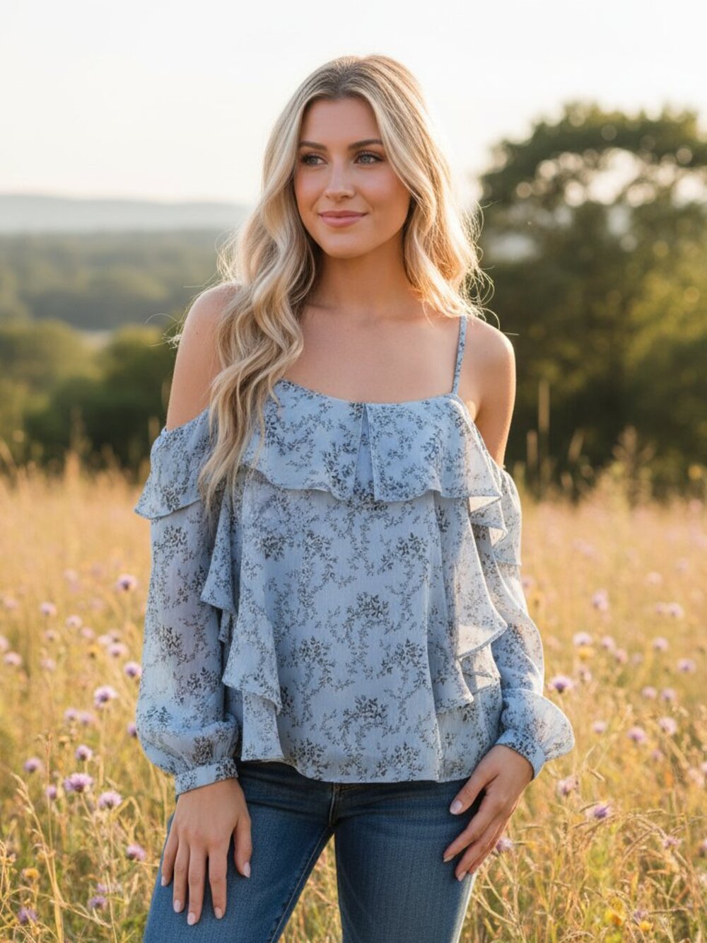 Olivaceous‎ S Women's Blue Gray Floral Cold Shoulder Ruffle Top Coquette Boho